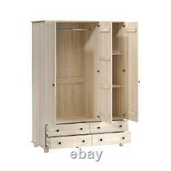 Light Wood with White Wash 3 Door Triple Wardrobe with Drawers Hampton HPT003