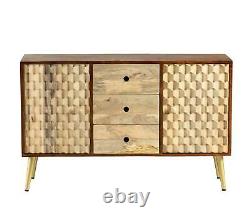 Mango Wood Large 3 Drawer Two Tone Sideboard 3 Door Storage with CNC Cut-Outs