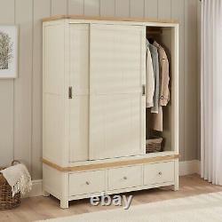 Marbury Cream Painted Large Double Wardrobe with 2 Sliding Doors & 3 Drawers