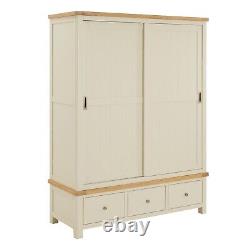 Marbury Cream Painted Large Double Wardrobe with 2 Sliding Doors & 3 Drawers