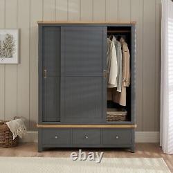 Marbury Slate Grey Painted Large Double Wardrobe with 2 Sliding Doors & 3 Drawer