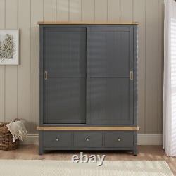 Marbury Slate Grey Painted Large Double Wardrobe with 2 Sliding Doors & 3 Drawer