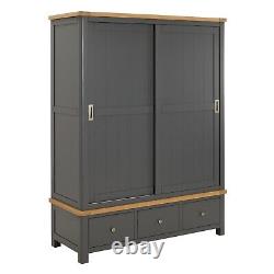 Marbury Slate Grey Painted Large Double Wardrobe with 2 Sliding Doors & 3 Drawer