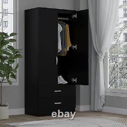 Matt Black 2 Door Wardrobe With 2 Drawers Hanging Rail Bedroom Furniture Storage