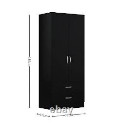 Matt Black 2 Door Wardrobe With 2 Drawers Hanging Rail Bedroom Furniture Storage