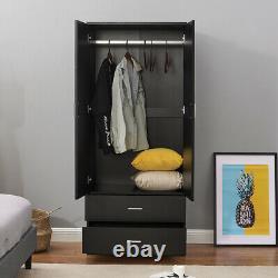 Matt Black 2 Door Wardrobe With2 Drawer Bedroom Furniture Large Storage Bedroom UK