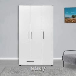 Matt White 3 Door Triple Wardrobe with Hanging Rail Large Drawer and Shelves