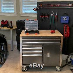 Mobile Tool Chest Workbench 5-Drawer 1-Door Cabinet Wooden Top Work Surface 36