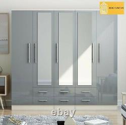Modern 5 Door LARGE Fitment mirrored wardrobe in HIGH GLOSS GREY with 6 drawers