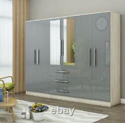 Modern 6 Door LARGE Fitment mirrored wardrobe in HIGH GLOSS GREY, 3 drawers