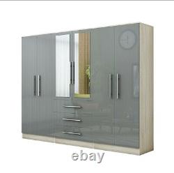 Modern 6 Door LARGE Fitment mirrored wardrobe in HIGH GLOSS GREY, 3 drawers