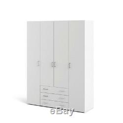 Modern Large White 4 Door Combi Wardrobe with 3 Drawers Bedroom Furniture Rail