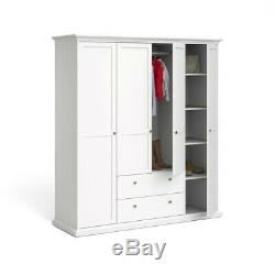 Modern Paris White 4 Door Large Wardrobe Easy Assemble 2 Drawer & Shelves