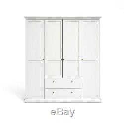Modern Paris White 4 Door Large Wardrobe Easy Assemble 2 Drawer & Shelves