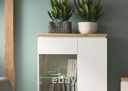 Modern White Gloss & Oak Large Glass Display Cabinet LED Light Buffet Unit Erla