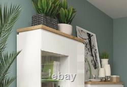 Modern White Gloss & Oak Large Glass Display Cabinet LED Light Buffet Unit Erla