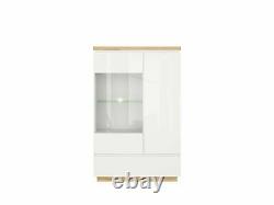 Modern White Gloss & Oak Large Glass Display Cabinet LED Light Buffet Unit Erla