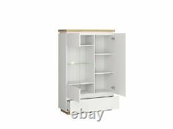 Modern White Gloss & Oak Large Glass Display Cabinet LED Light Buffet Unit Erla