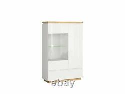 Modern White Gloss & Oak Large Glass Display Cabinet LED Light Buffet Unit Erla