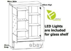 Modern White Gloss & Oak Large Glass Display Cabinet LED Light Buffet Unit Erla