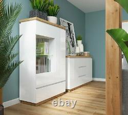 Modern White Gloss & Oak Large Glass Display Cabinet LED Light Buffet Unit Erla