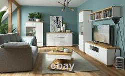 Modern White Gloss & Oak Large Glass Display Cabinet LED Light Buffet Unit Erla