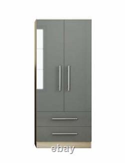 Modern large 2 door wardrobe, 2 drawers, in HIGH GLOSS BLACK/WHITE/GREY