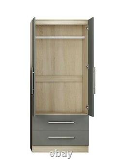 Modern large 2 door wardrobe, 2 drawers, in HIGH GLOSS BLACK/WHITE/GREY