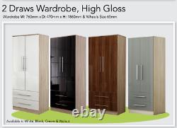 Modern large 2 door wardrobe, 2 drawers, in HIGH GLOSS BLACK/WHITE/GREY