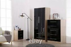 Modern large 2 door wardrobe, 2 drawers, in HIGH GLOSS BLACK/WHITE/GREY