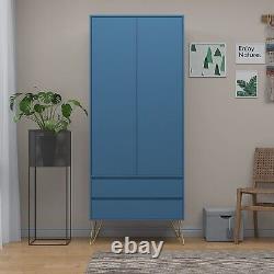 Navy Blue 2 Door Wardrobe With 2 Drawers Hanging Rail Bedroom Furniture Storage