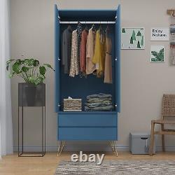 Navy Blue 2 Door Wardrobe With 2 Drawers Hanging Rail Bedroom Furniture Storage