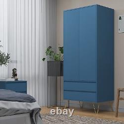 Navy Blue 2 Door Wardrobe With 2 Drawers Hanging Rail Bedroom Furniture Storage