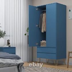 Navy Blue 2 Door Wardrobe With 2 Drawers Hanging Rail Bedroom Furniture Storage