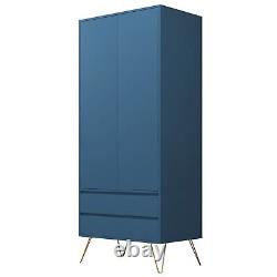 Navy Blue 2 Door Wardrobe With 2 Drawers Hanging Rail Bedroom Furniture Storage