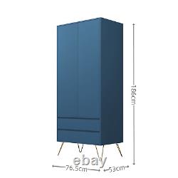 Navy Blue 2 Door Wardrobe With 2 Drawers Hanging Rail Bedroom Furniture Storage