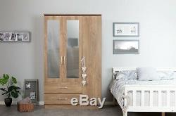 New Charles 3 Door 2 Drawer Triple Large Mirrored Combi Wardrobe Oak Effect