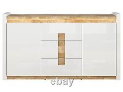 New Large Sideboard 2 Door 3 Drawer White High Gloss LED Storage Cabinet Alameda
