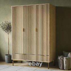 Oak and Gold Ribbed 3 Door Wardrobe with 2 Drawers Valencia VLC016