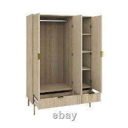 Oak and Gold Ribbed 3 Door Wardrobe with 2 Drawers Valencia VLC016