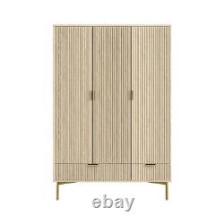 Oak and Gold Ribbed 3 Door Wardrobe with 2 Drawers Valencia VLC016