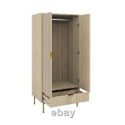 Oak and Gold Ribbed Double Wardrobe With Drawer Valencia VLC014