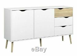 Oslo Retro Spindle Style Sideboard Wide Large 3 Drawers 2 Doors White and Oak