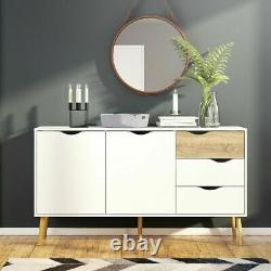 Oslo Retro Spindle Style Sideboard Wide Large 3 Drawers 2 Doors White and Oak -f
