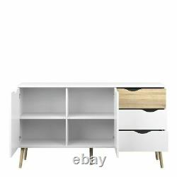 Oslo Retro Spindle Style Sideboard Wide Large 3 Drawers 2 Doors in White and Oak