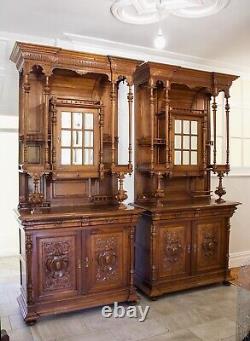 Pair Of Large Antiqe Carved Walnut Cabinets / Cupboards C. 1890