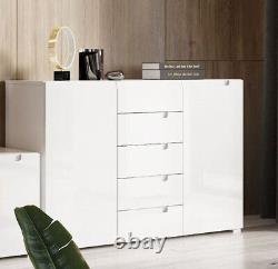 Perth High White Gloss 2 Door 5 Drawer Tall Large Sideboard Storage Unit SZLYO03