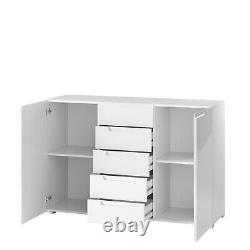 Perth High White Gloss 2 Door 5 Drawer Tall Large Sideboard Storage Unit SZLYO03