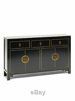 Premium Ming Oriental 2 Door 3 Drawer Large Sideboard Solid Wood Black