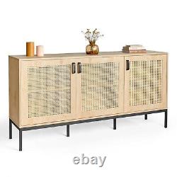 Rattan Sideboard Cabinet Storage Large Wide 3 Door Light Wood Effect VonHaus